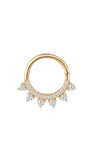 14K gold clicker hoop earring with prong-set teardrop cubic zirconia and a line of round crystals.