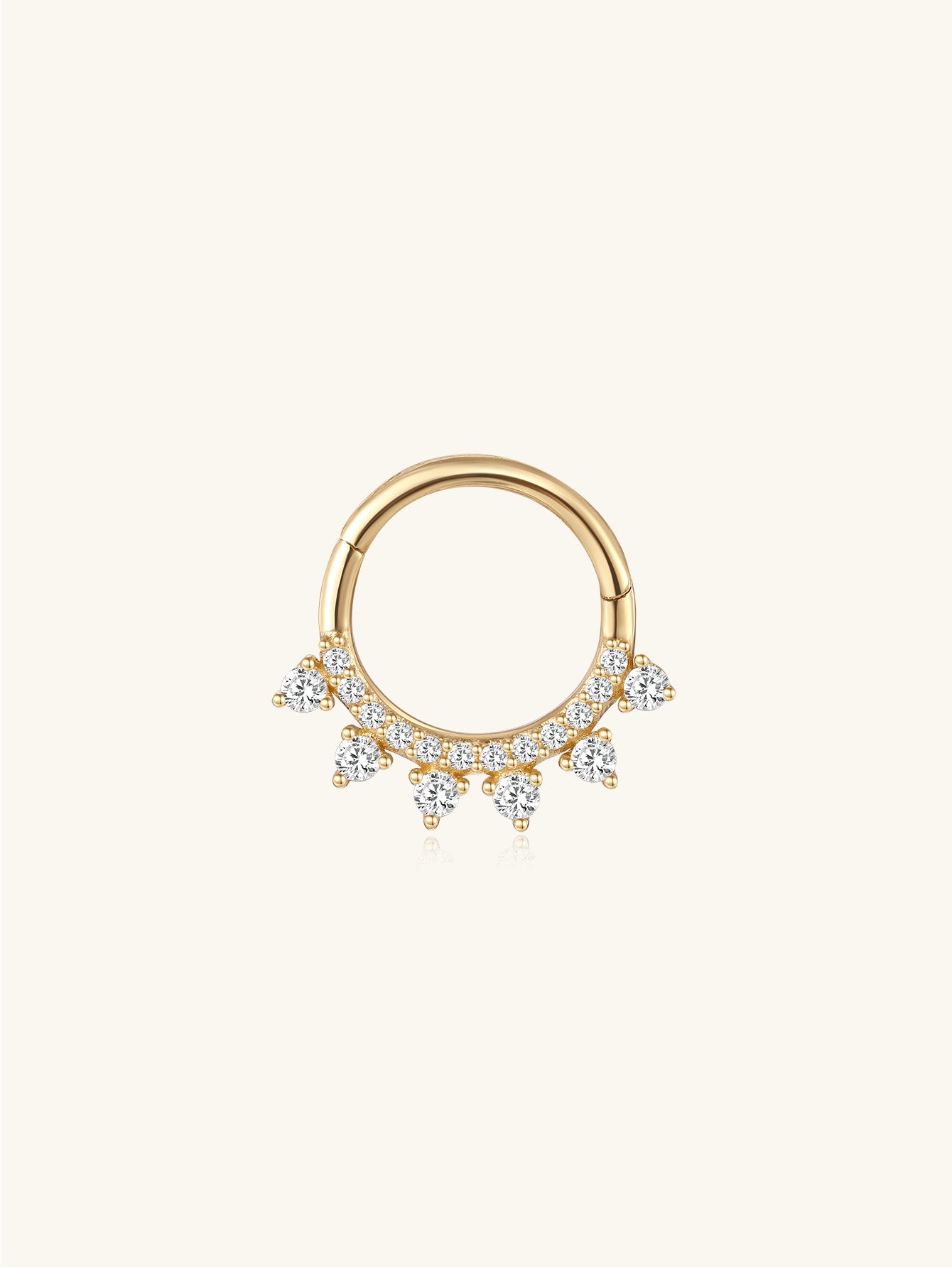 14K solid gold hoop earring with teardrop and round cubic zirconia crystals. 18g thickness, 8mm inner diameter.