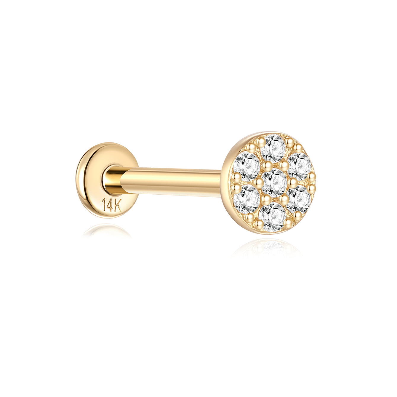 14K solid gold flat back labret ear piercing stud with round CZ cluster, hallmark visible.