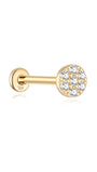 14K solid gold flat back labret ear piercing stud with round CZ cluster, hallmark visible.