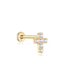 14K solid gold cross stud earring with clear cubic zirconia, flat back and internally threaded post.