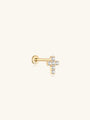 14K solid gold cross piercing stud with clear cubic zirconia stones, flat back closure.