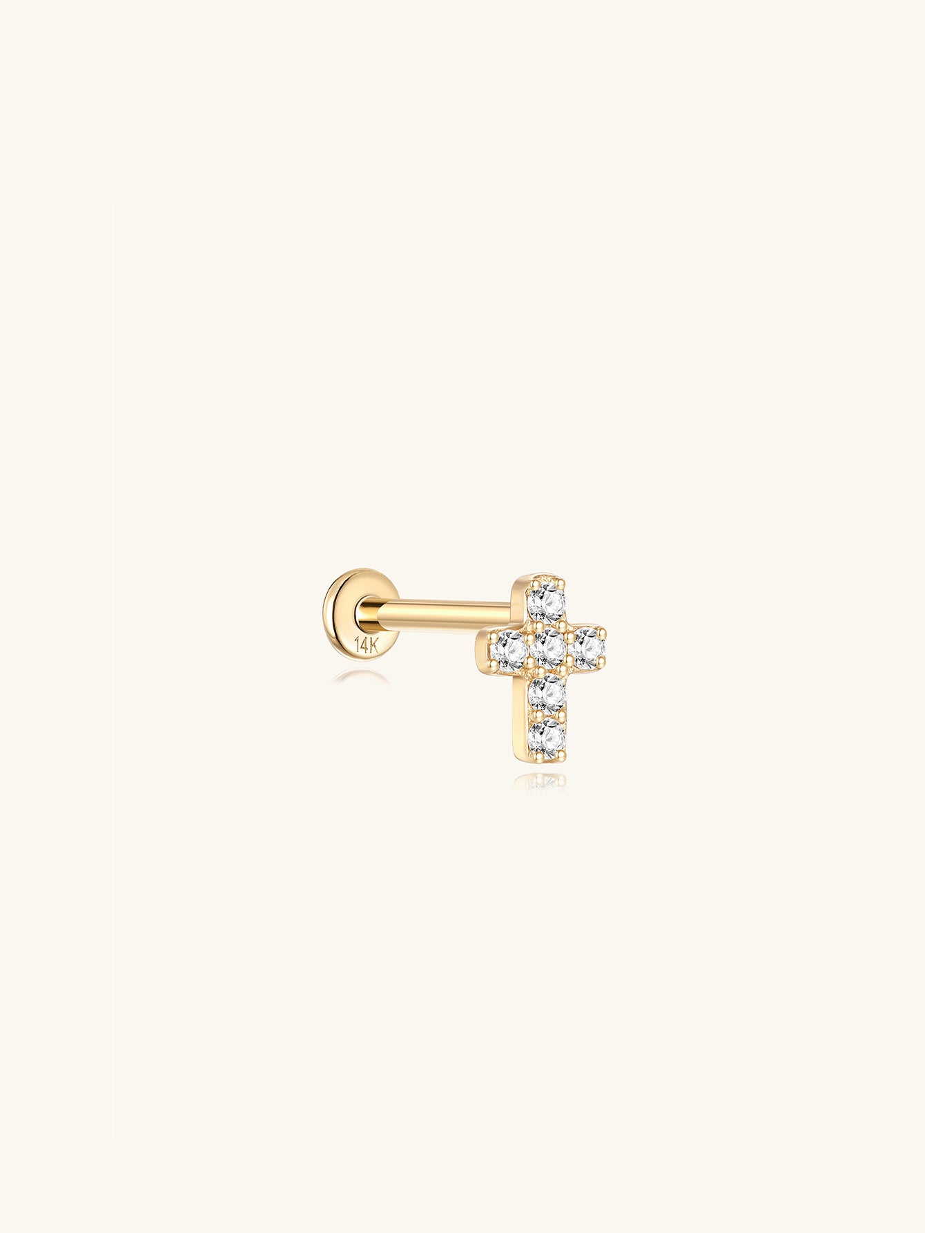 14K solid gold cross piercing stud with clear cubic zirconia stones, flat back closure.