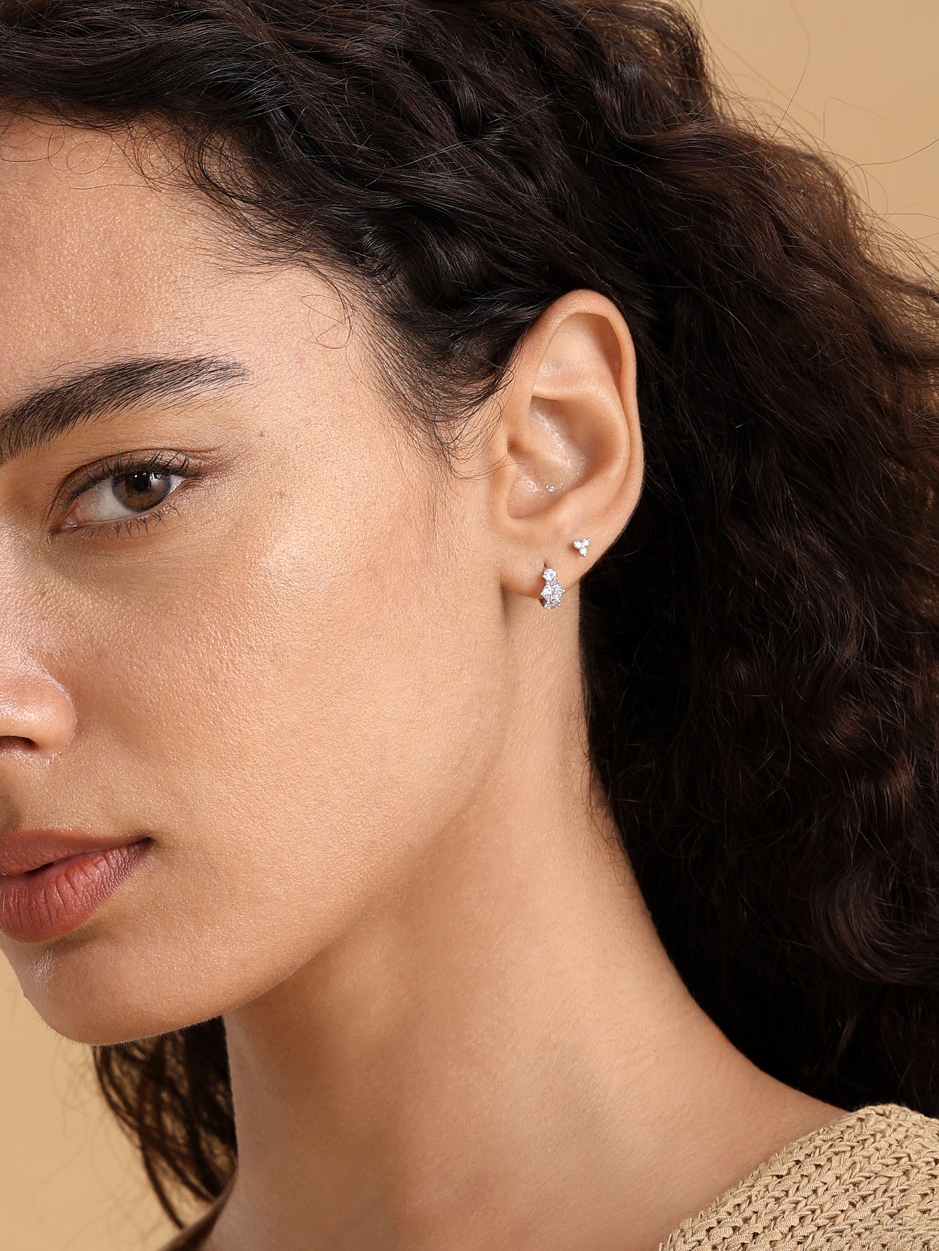 14K Solid Gold Simple Tri-Zircon Hoop Earring