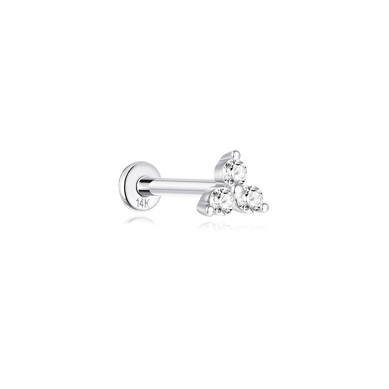 14K solid gold trinity ear piercing stud with three clear cubic zirconia stones and flatback post.