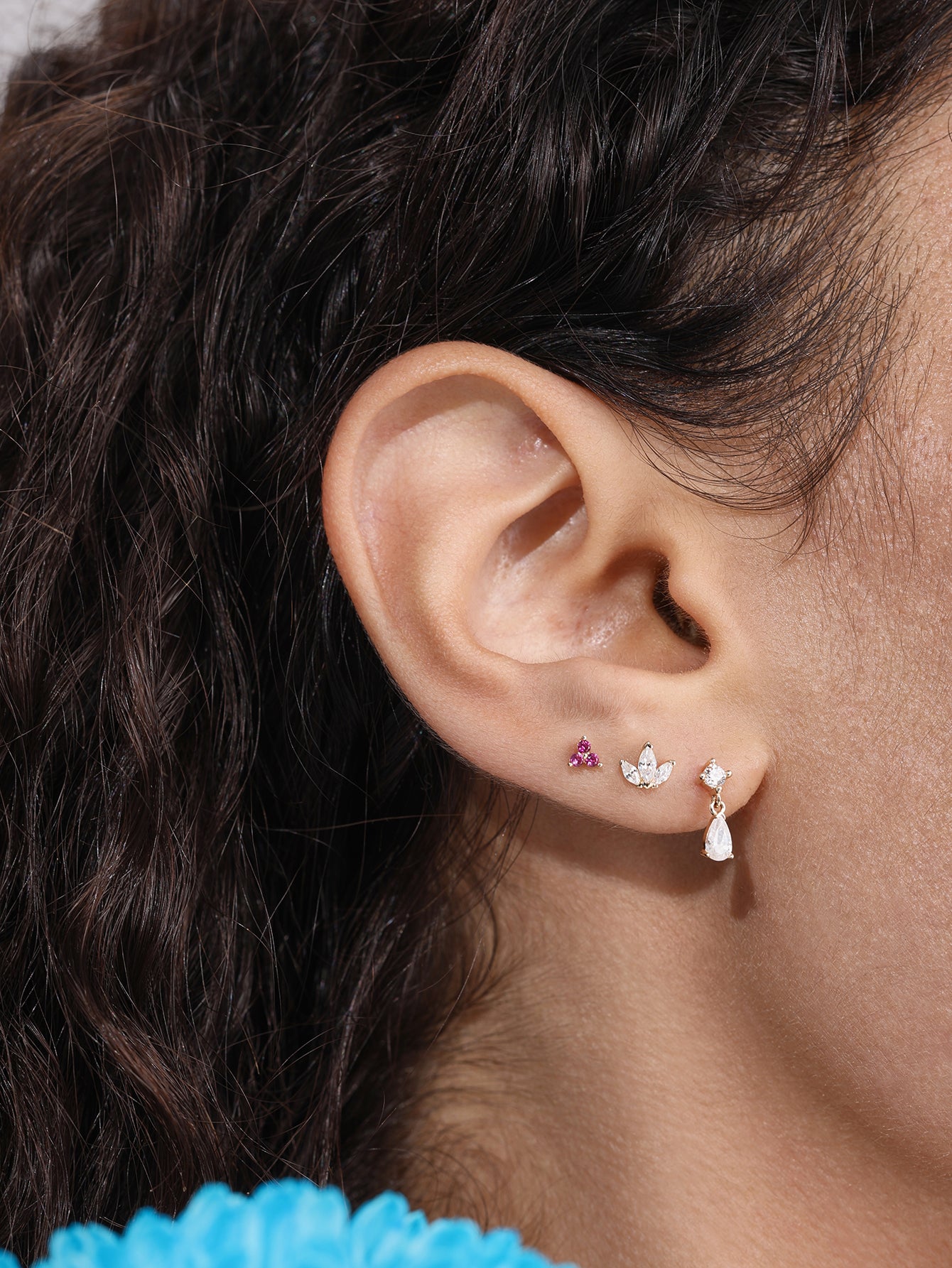 14K Solid Gold Teardrop Pendant Ear Piercing Stud