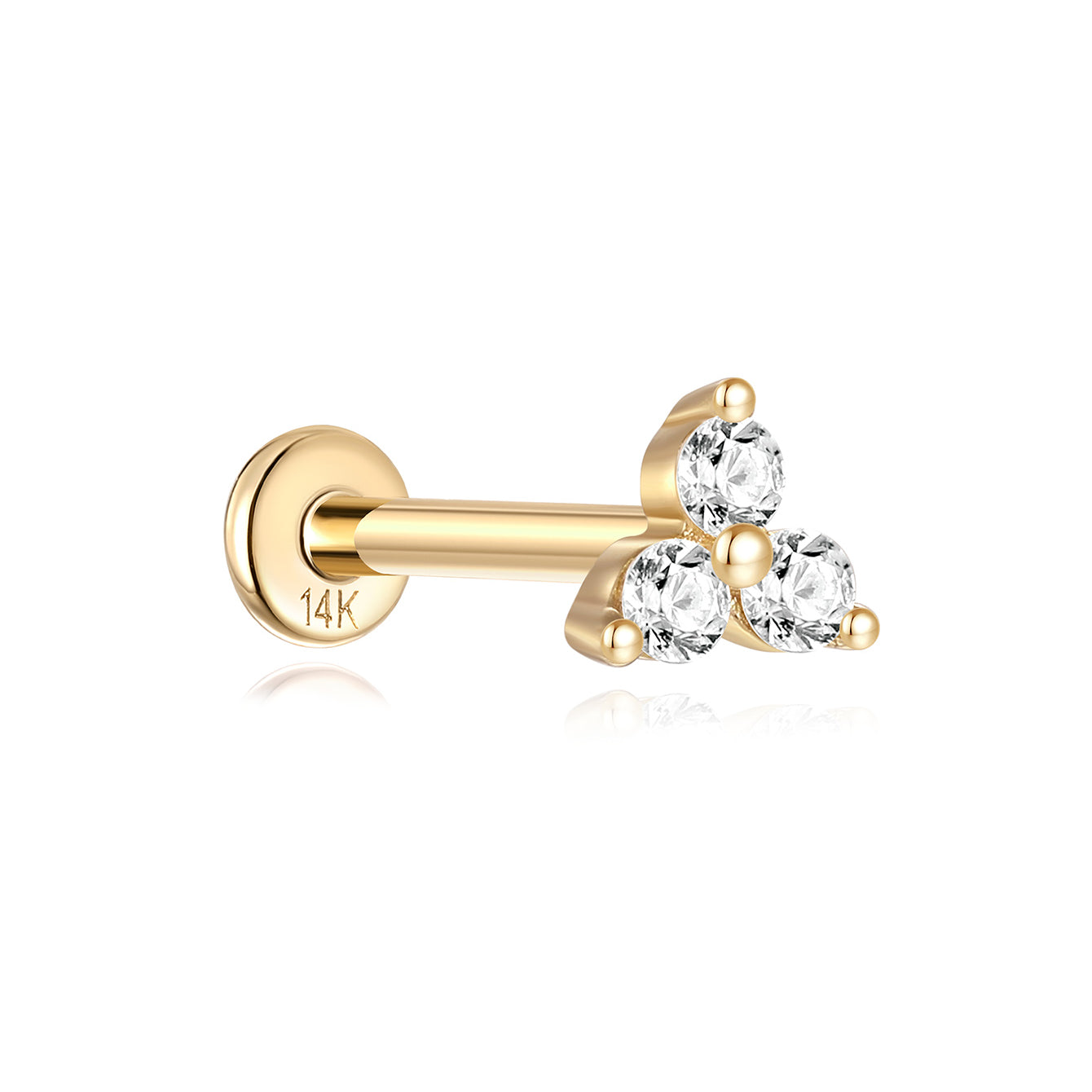 14K solid gold trinity stud piercing with three clear cubic zirconia stones on flatback post.