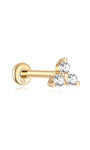 14K solid gold trinity stud piercing with three clear cubic zirconia stones on flatback post.