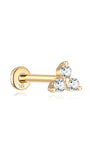 14K solid gold trinity stud piercing with three clear cubic zirconia stones on flatback post.