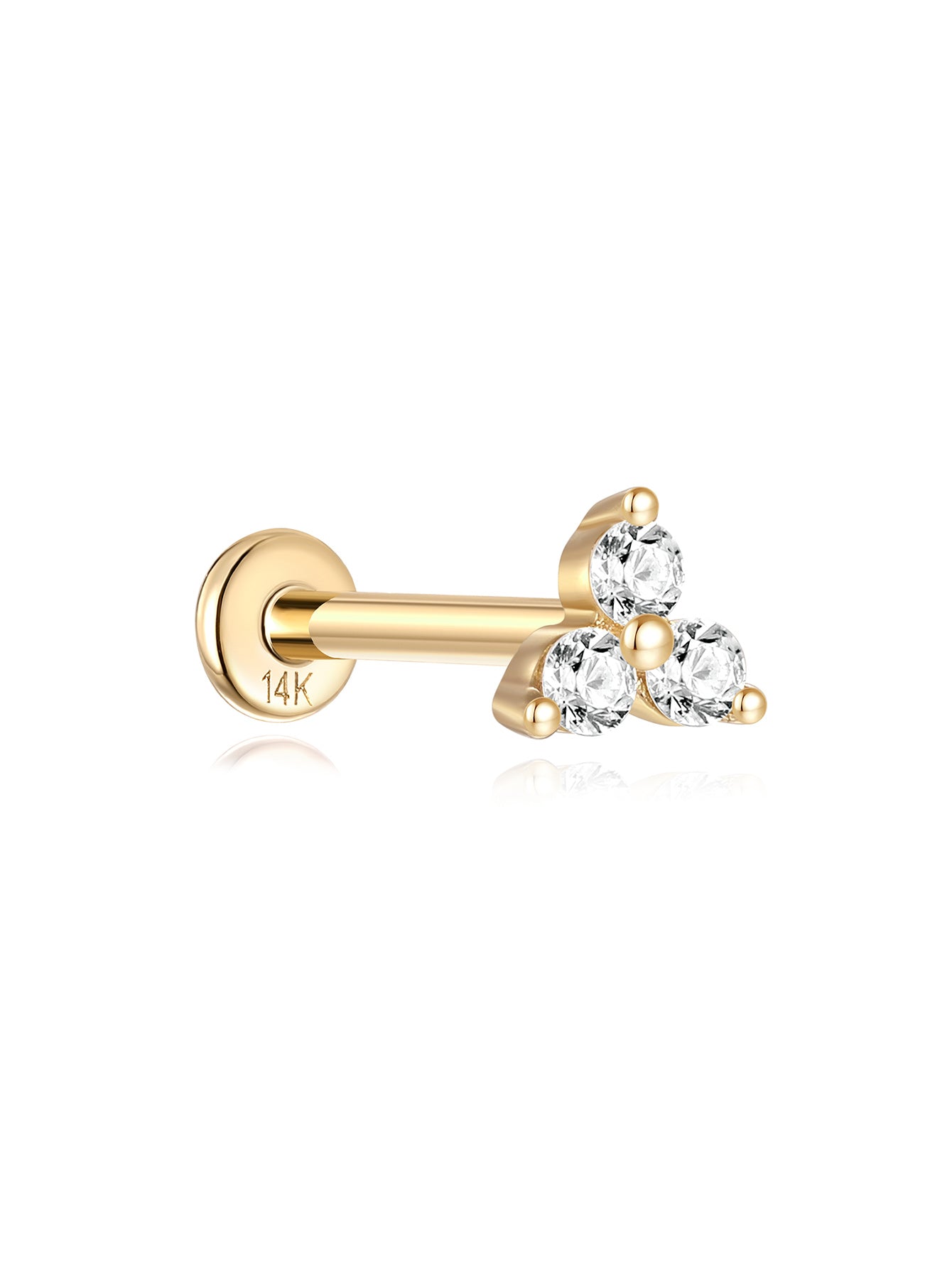 14K solid gold trinity stud piercing with three clear cubic zirconia stones on flatback post.