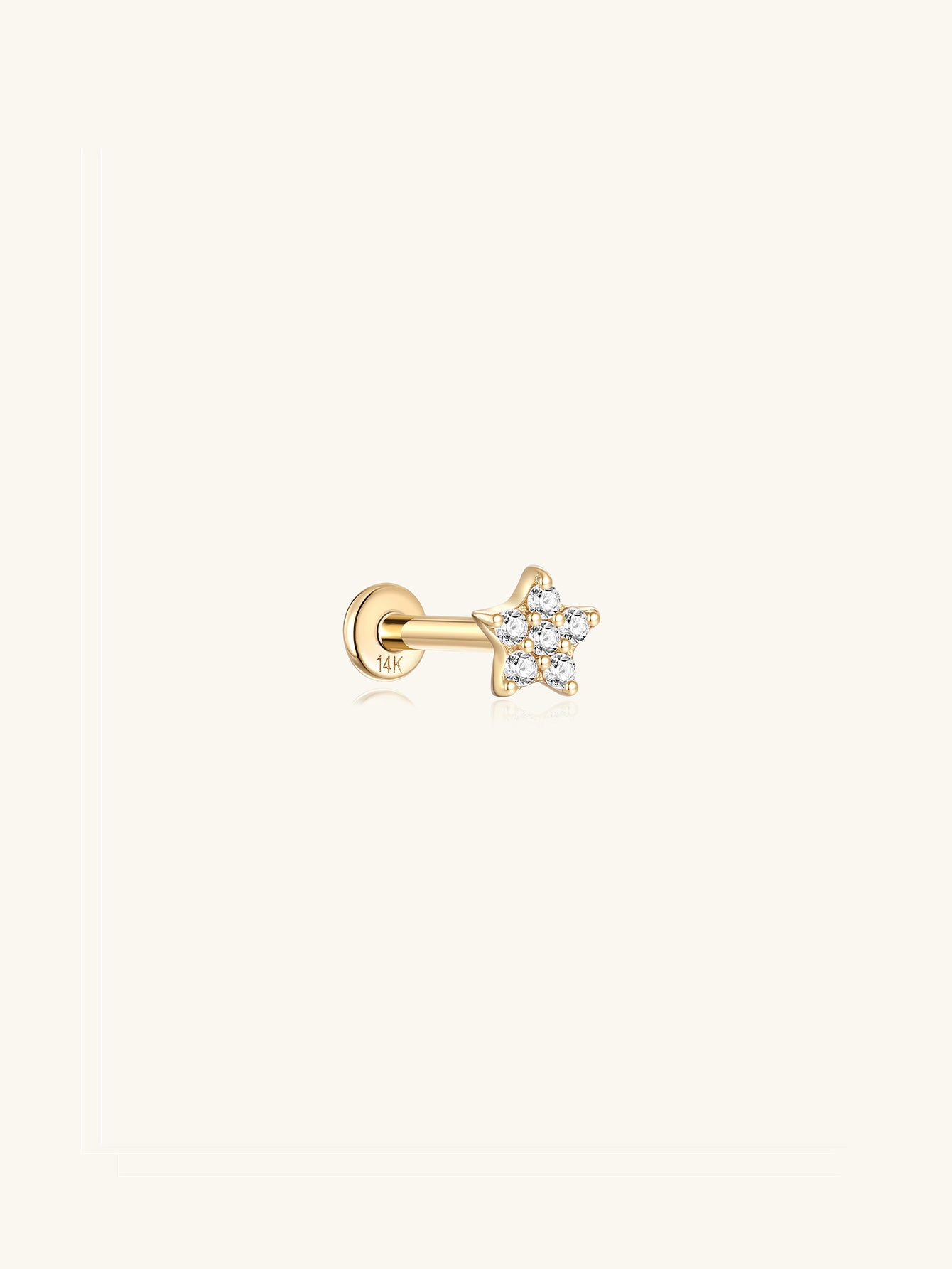 14K solid gold pentagram eternity ear piercing stud with cubic zirconia stones and flat back post.