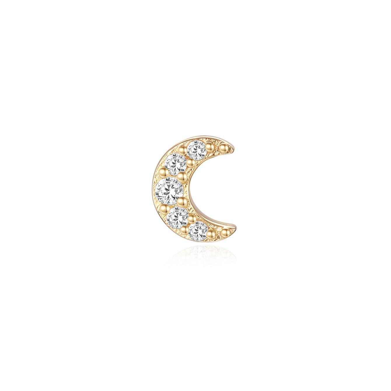 14K solid gold moon stud piercing with 3 stones and beaded edge detail.