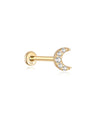 14K solid gold moon ear piercing stud with sparkling cubic zirconia and flat back post.