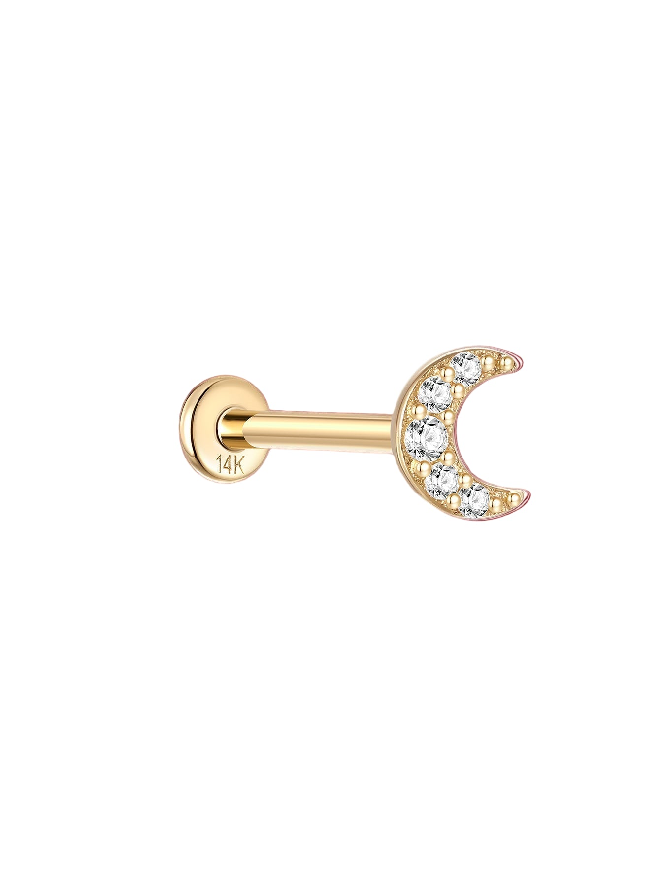 14K solid gold moon ear piercing stud with sparkling cubic zirconia and flat back post.