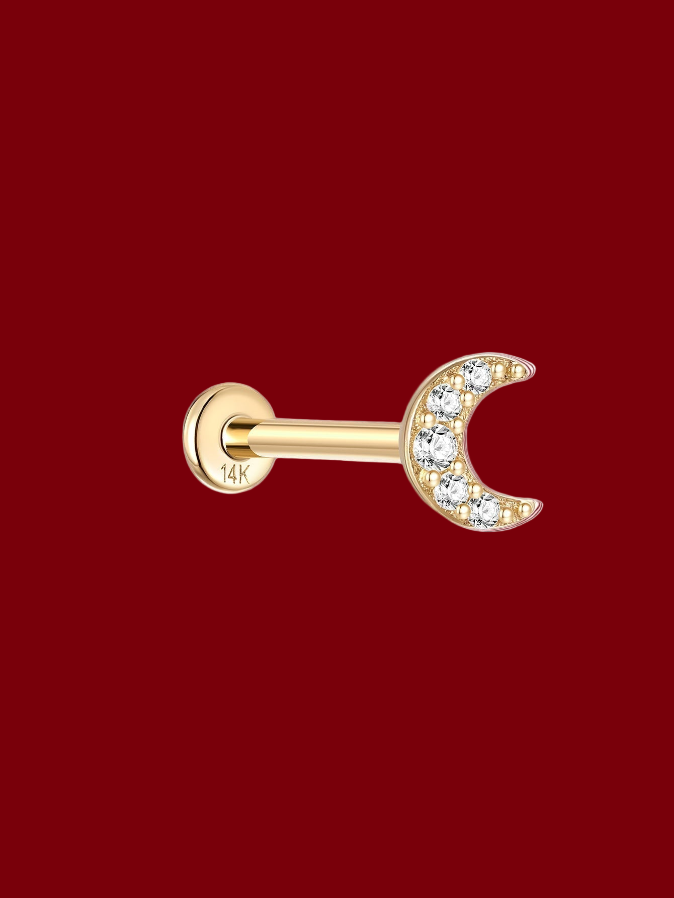14K Solid Gold Flat Back Moon Ear Piercing Stud