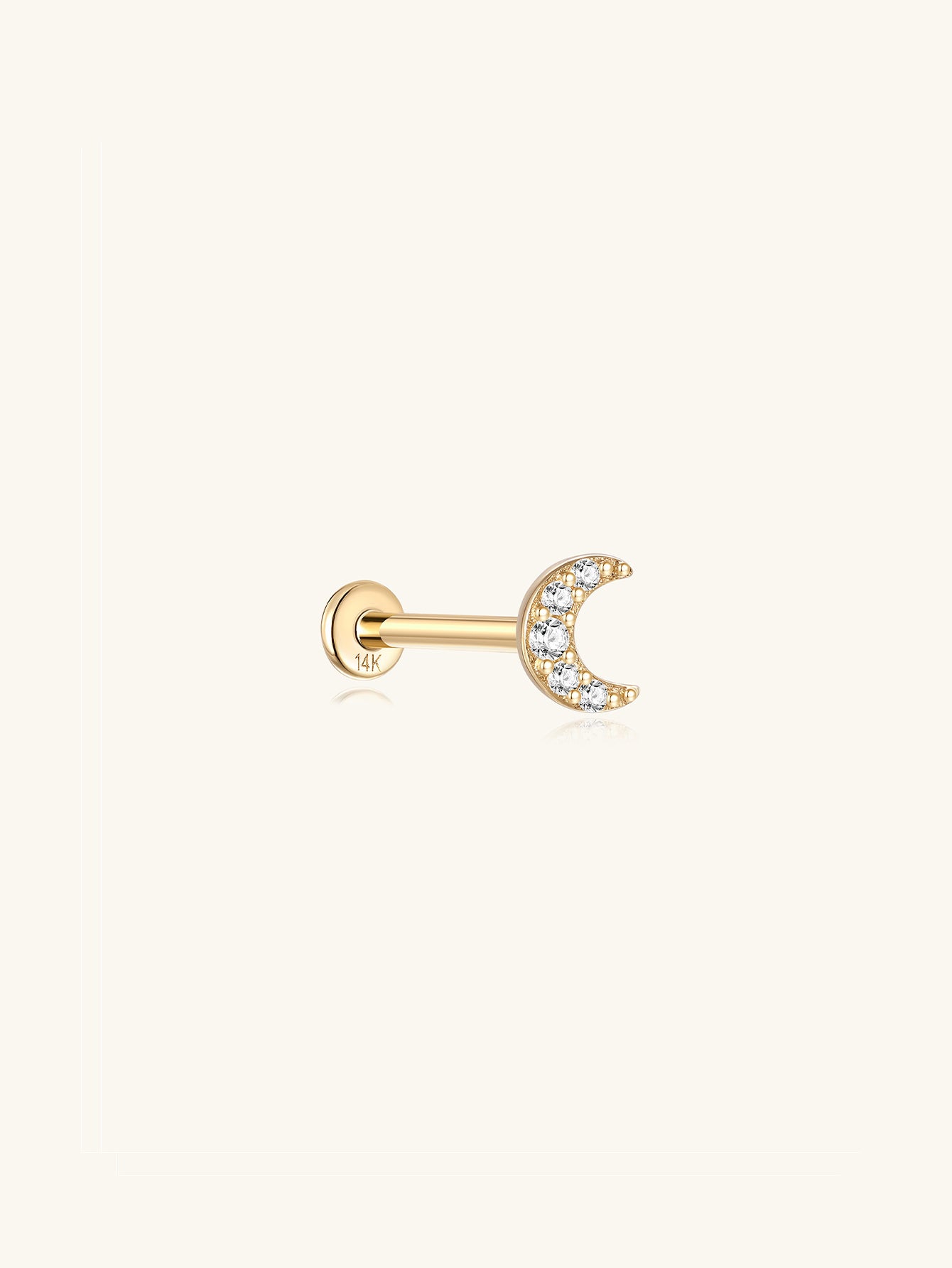 14K solid gold moon stud piercing with sparkling stones and flat back.