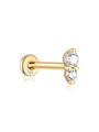 14K solid gold labret stud earring with two clear cubic zirconia stones stacked vertically, flatback post.