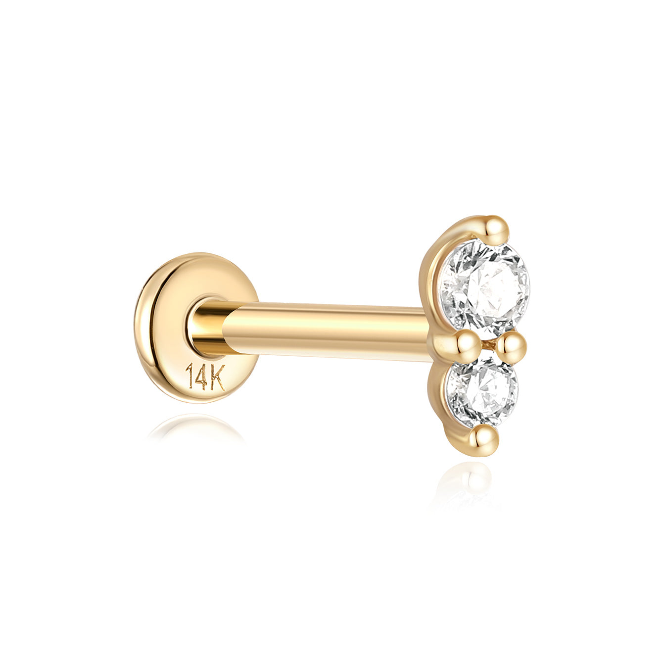KOSINER 14K ソリッドゴールド ダブル クリア CZ イヤースタッド、雌ねじ付きフラットバック ピアス ジュエリー