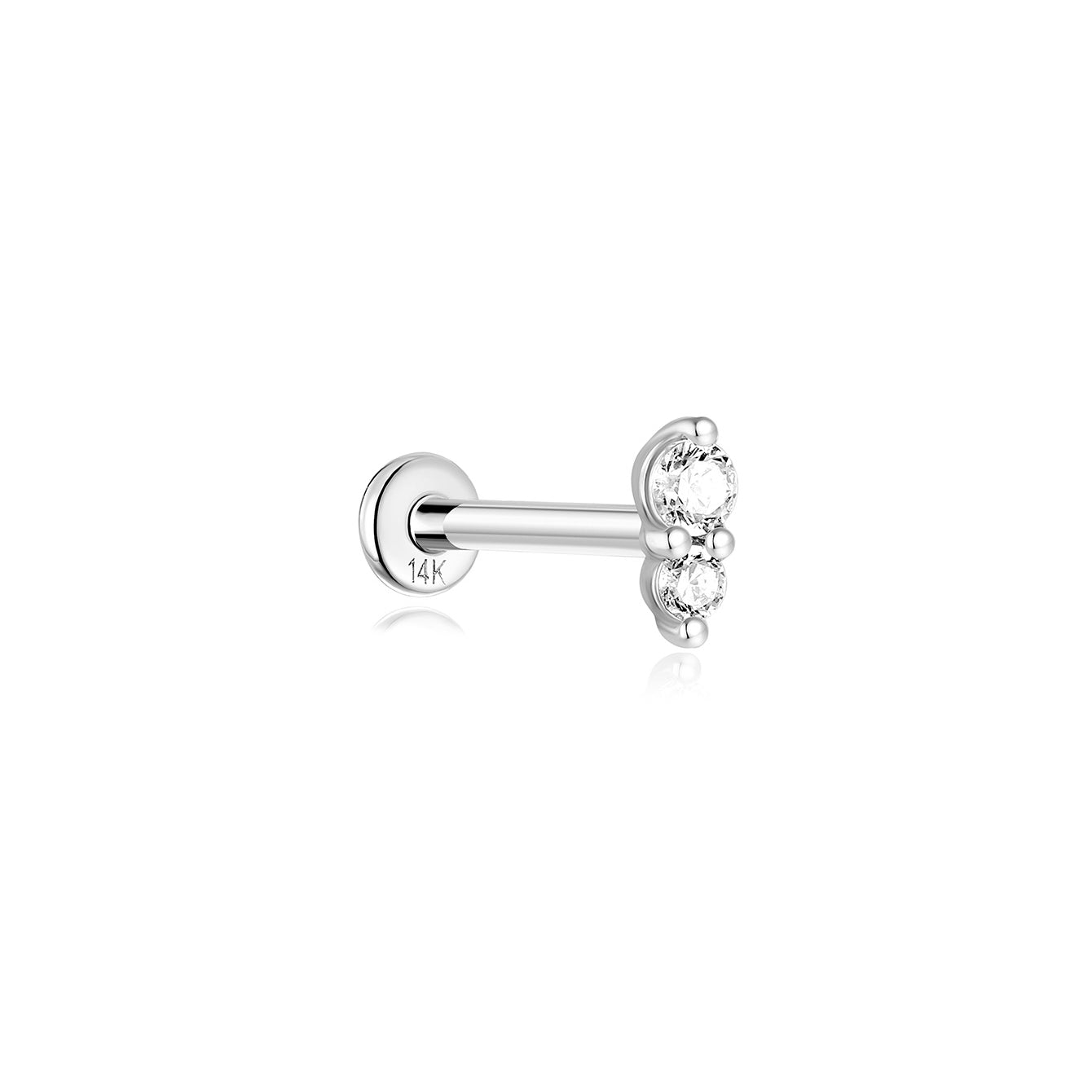 14K solid gold ear piercing stud with three clear CZ stones stacked vertically, flatback post. Product detail image.