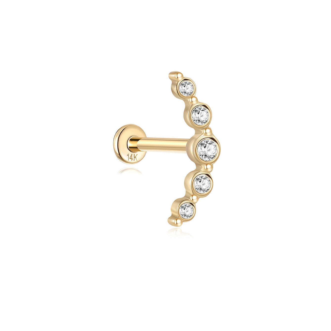 14K solid gold curved ear stud with five clear cubic zirconia gems, featuring a flat back closure.