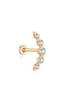 14K solid gold curved ear stud with five clear cubic zirconia gems, featuring a flat back closure.