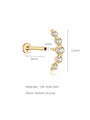 14K gold curve stud, 5 AAAAA CZs, 8mm post, 11mm height, flat back, product dimensions.