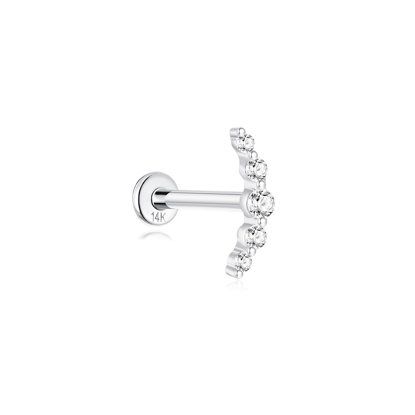 14K solid gold crescent ear stud with five pave cubic zirconia stones, flatback labret. Product showcase.