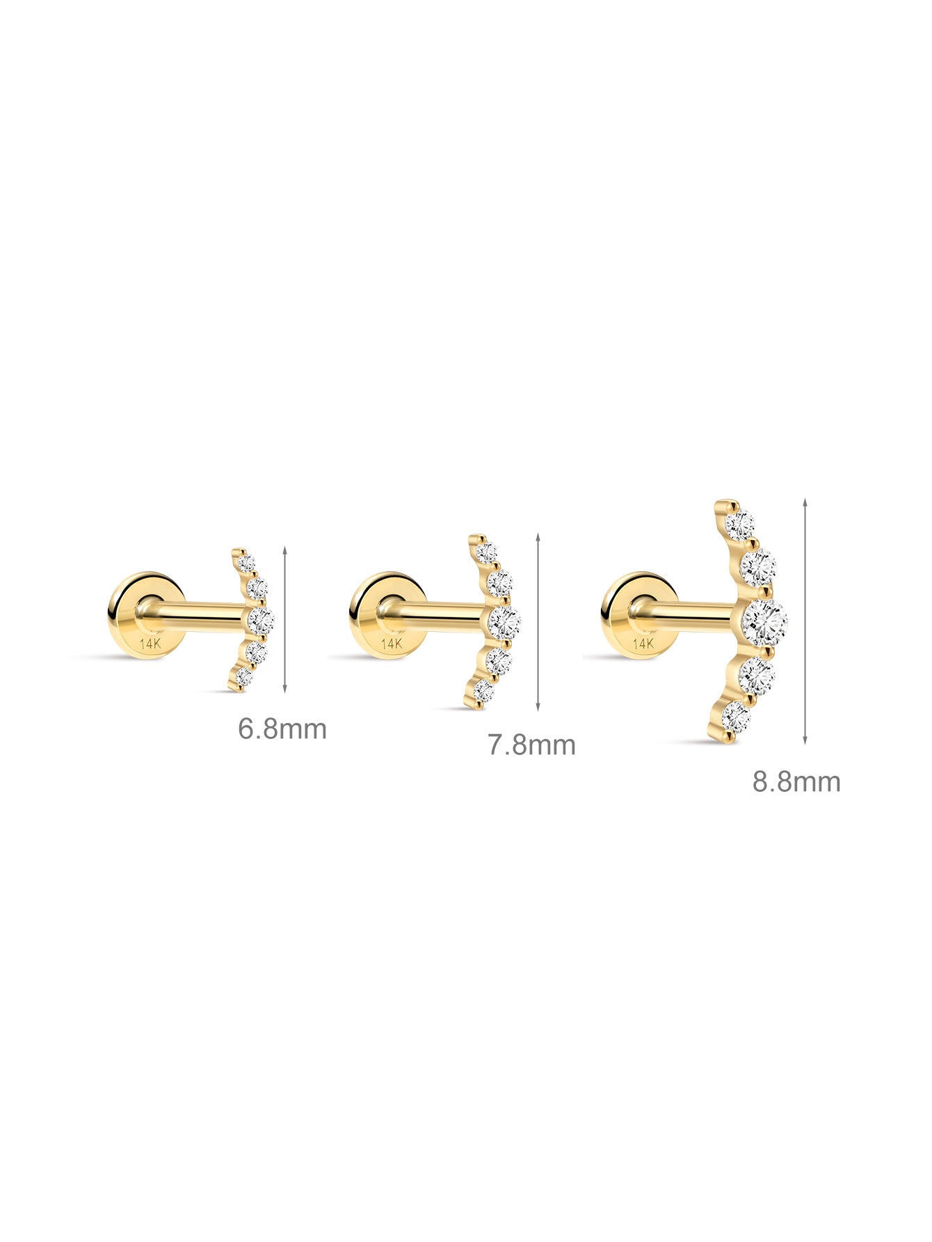 14K Solid Gold Pave Crescent Ear Piercing Stud
