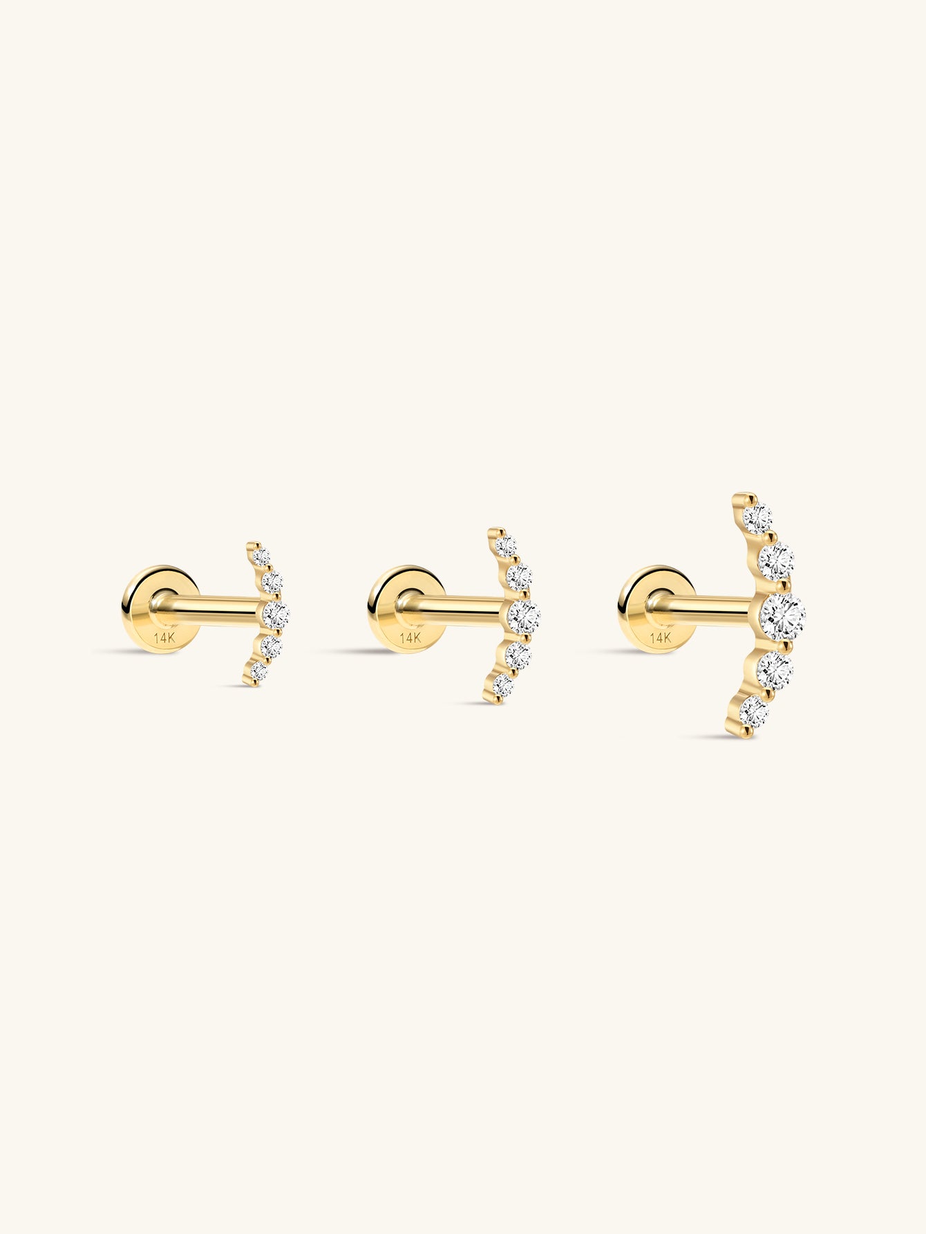 14K Solid Gold Pave Crescent Ear Piercing Stud
