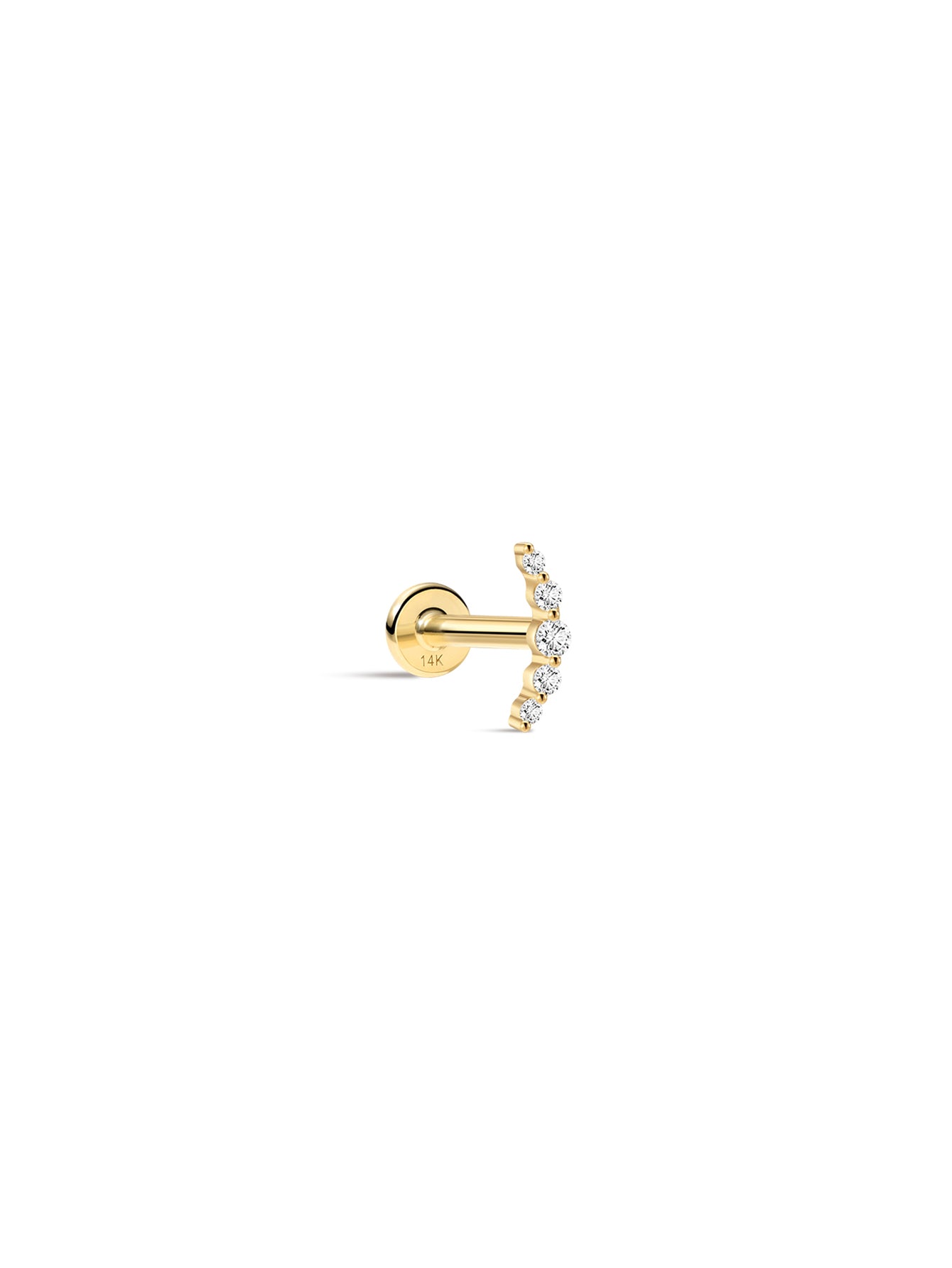 14K solid gold pave crescent moon ear piercing stud with five clear stones, flatback labret for product showcase.