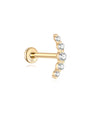 14K solid gold crescent moon ear stud with five pave clear stones and flatback labret post. Product showcase.