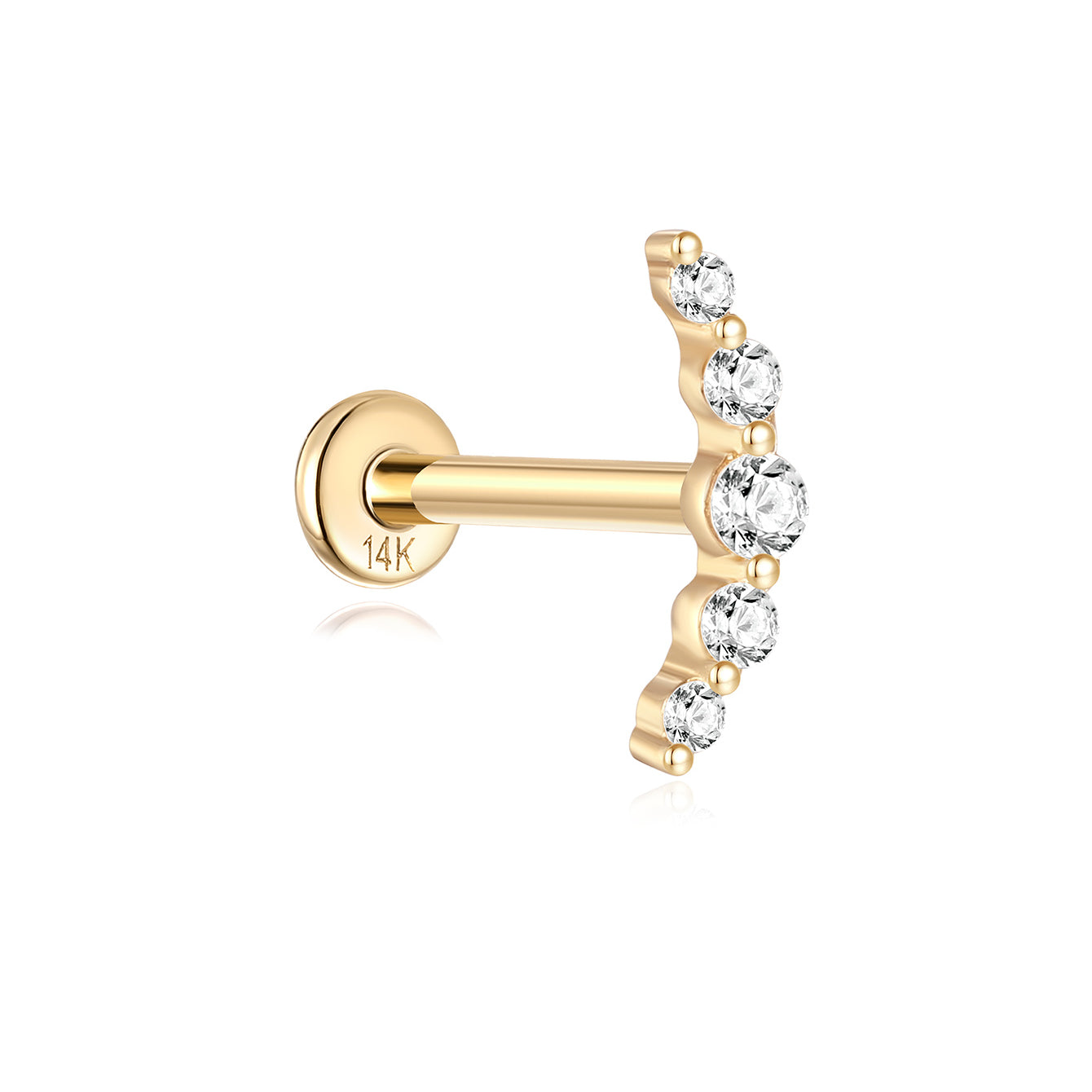 14K solid gold crescent moon ear stud with five pave clear stones and flatback labret post. Product showcase.