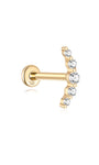 14K solid gold crescent moon ear stud with five pave clear stones and flatback labret post. Product showcase.