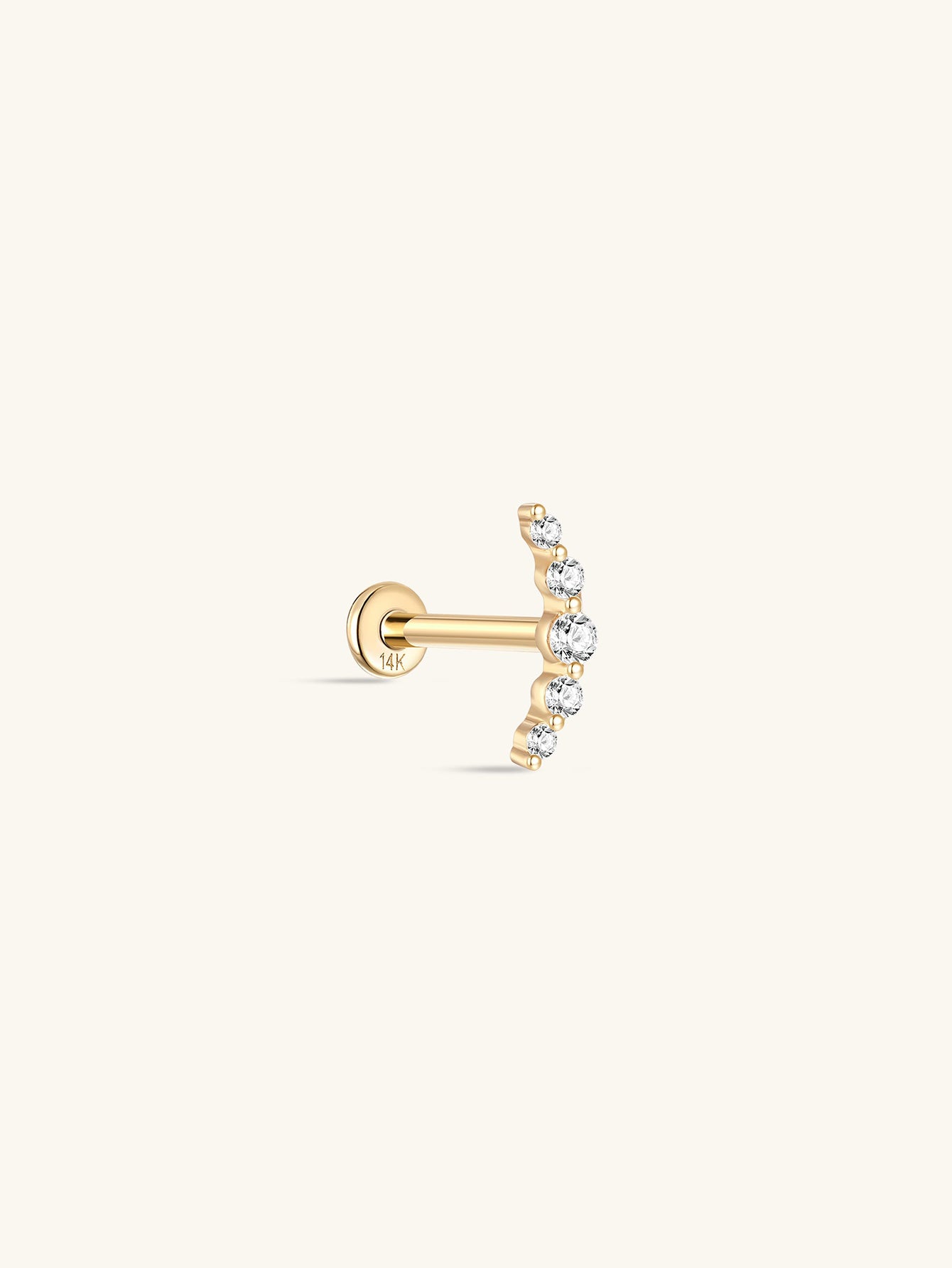 14K Solid Gold  Pave Crescent Ear Piercing Stud