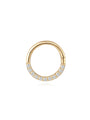 14K solid gold 18G hoop earring with pave cubic zirconia crystals, hinge closure.