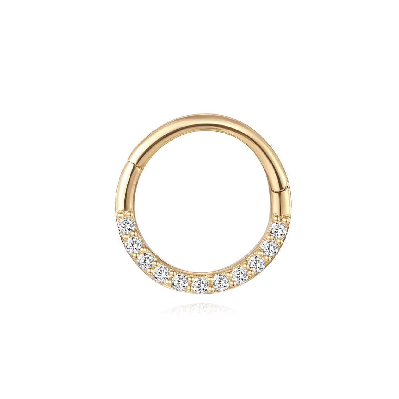 14K solid gold 18G hoop earring with pave cubic zirconia crystals, hinge closure.