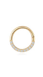 14K solid gold 18G hoop earring with pave cubic zirconia crystals, hinge closure.