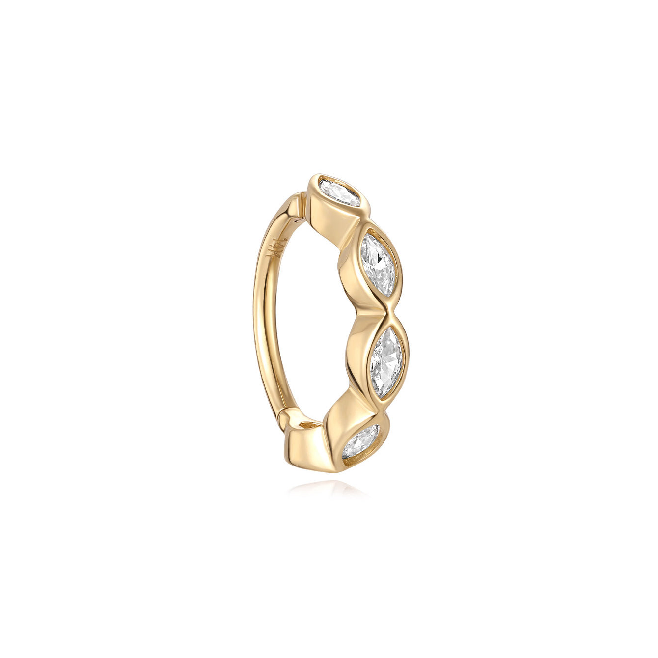 14K solid yellow gold hinged segment hoop ring with four marquise-cut cubic zirconia crystals. 18G, 8mm inner diameter.