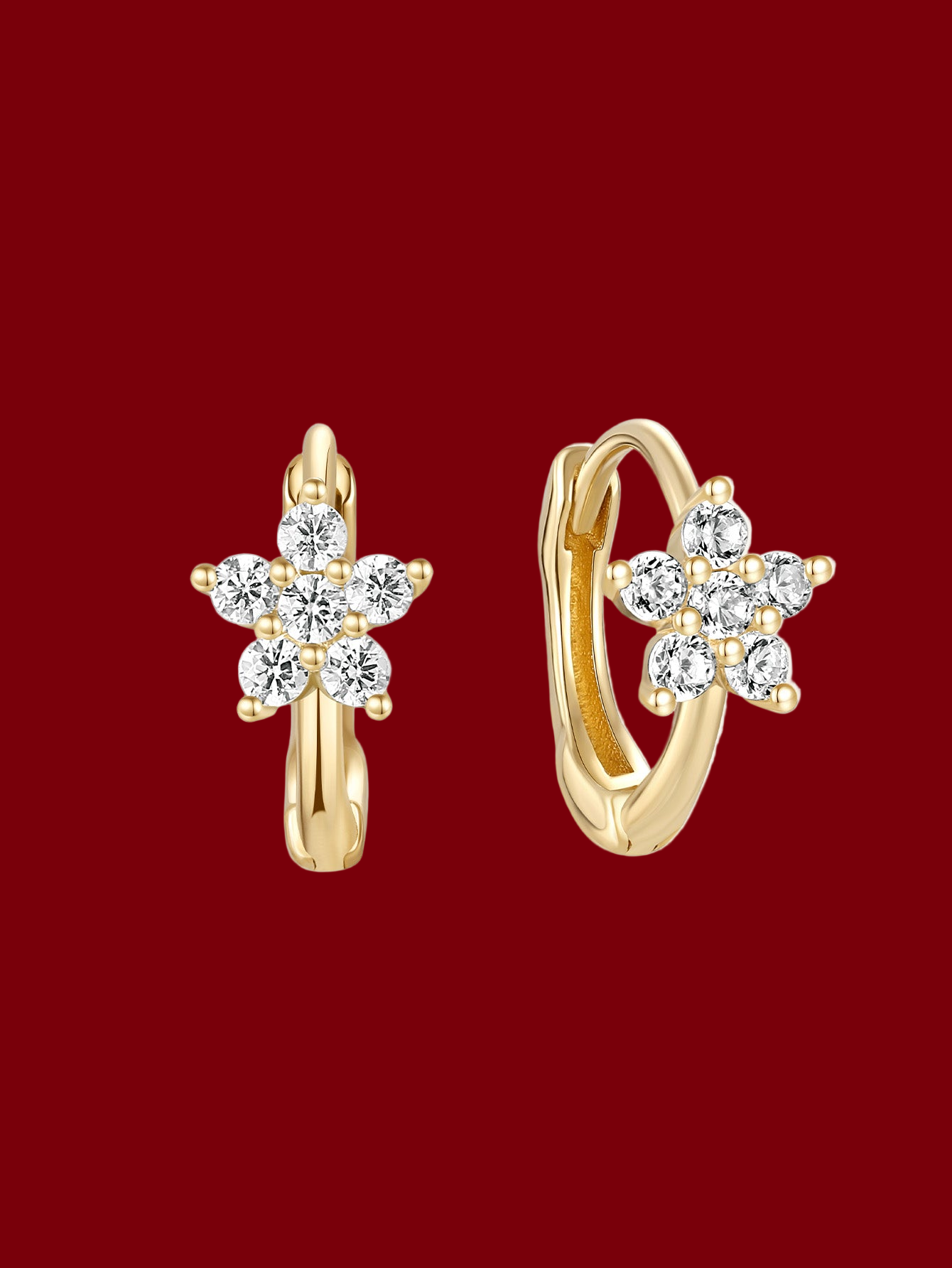 14K Solid Gold Hoop Flower Shine Zircon Huggie Earrings 6mm