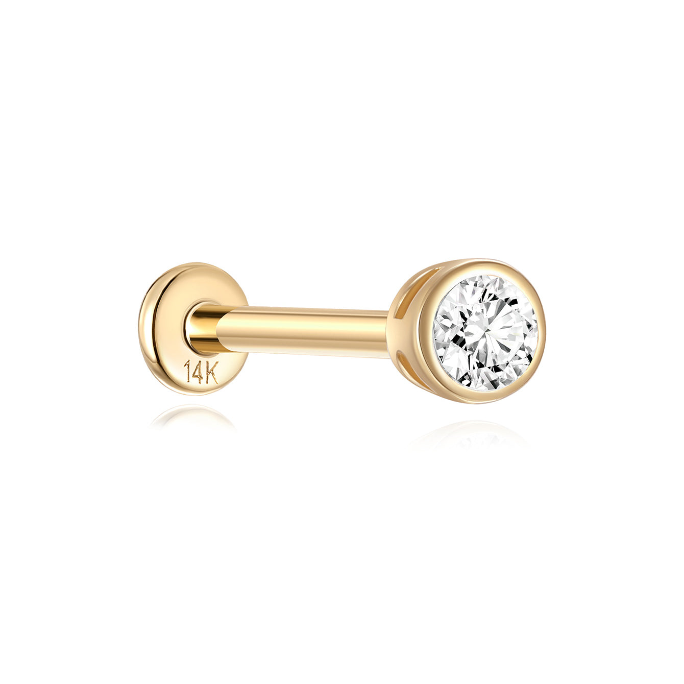 14K solid gold labret stud with round cubic zirconia, 18G, internally threaded flat back.