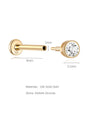 14K Solid Gold Labret Stud with Round Cubic Zirconia, 8mm Post, 18G Gauge, Product Dimensions Illustrated.