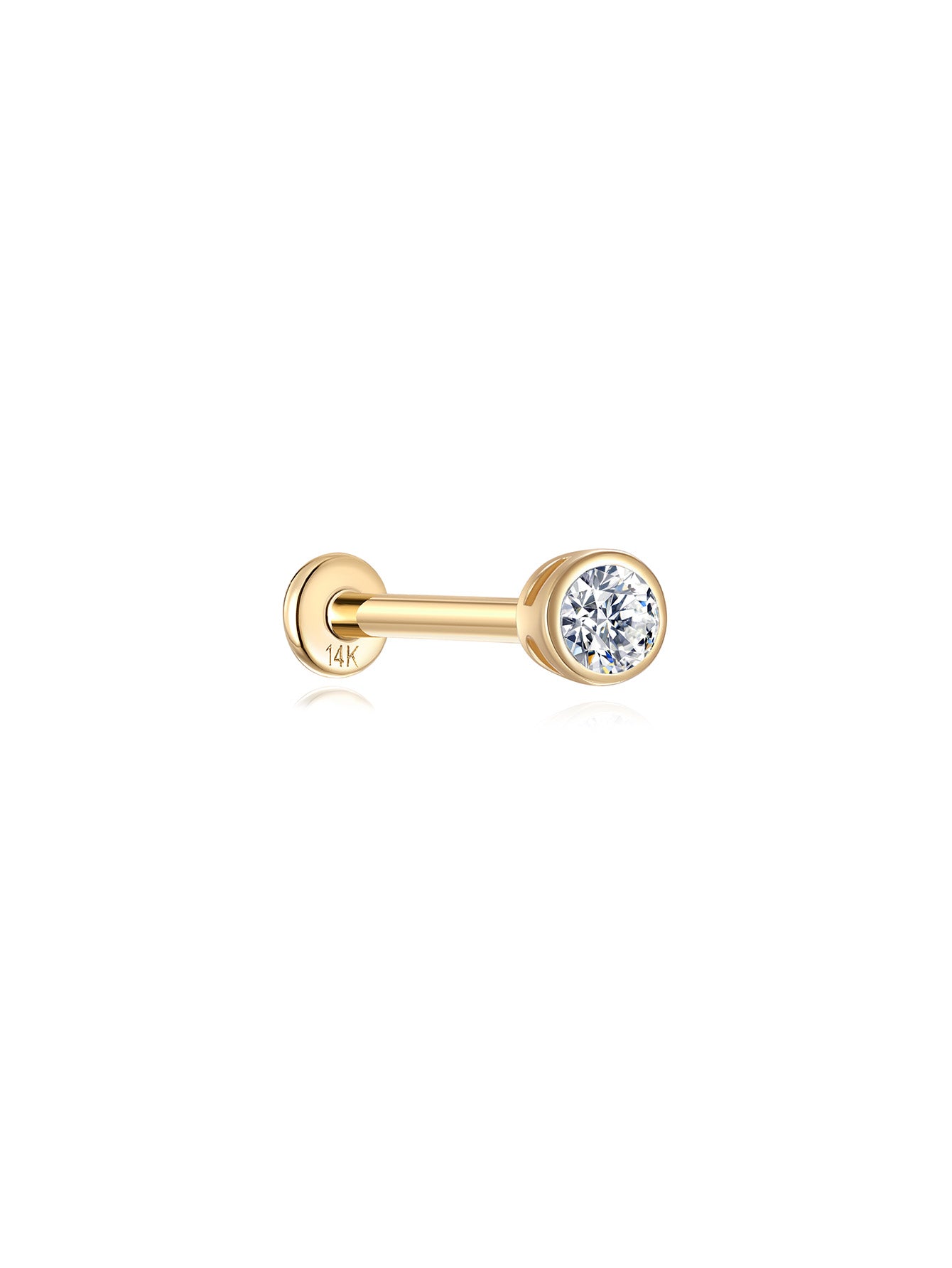 14K solid gold labret stud earring with bezel-set round AAAAA cubic zirconia, 18G, internally threaded flat back.