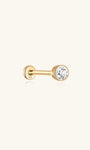 14K Solid Gold Ear Piercing Stud with Round Cubic Zirconia, Internally Threaded Labret Flat Back.