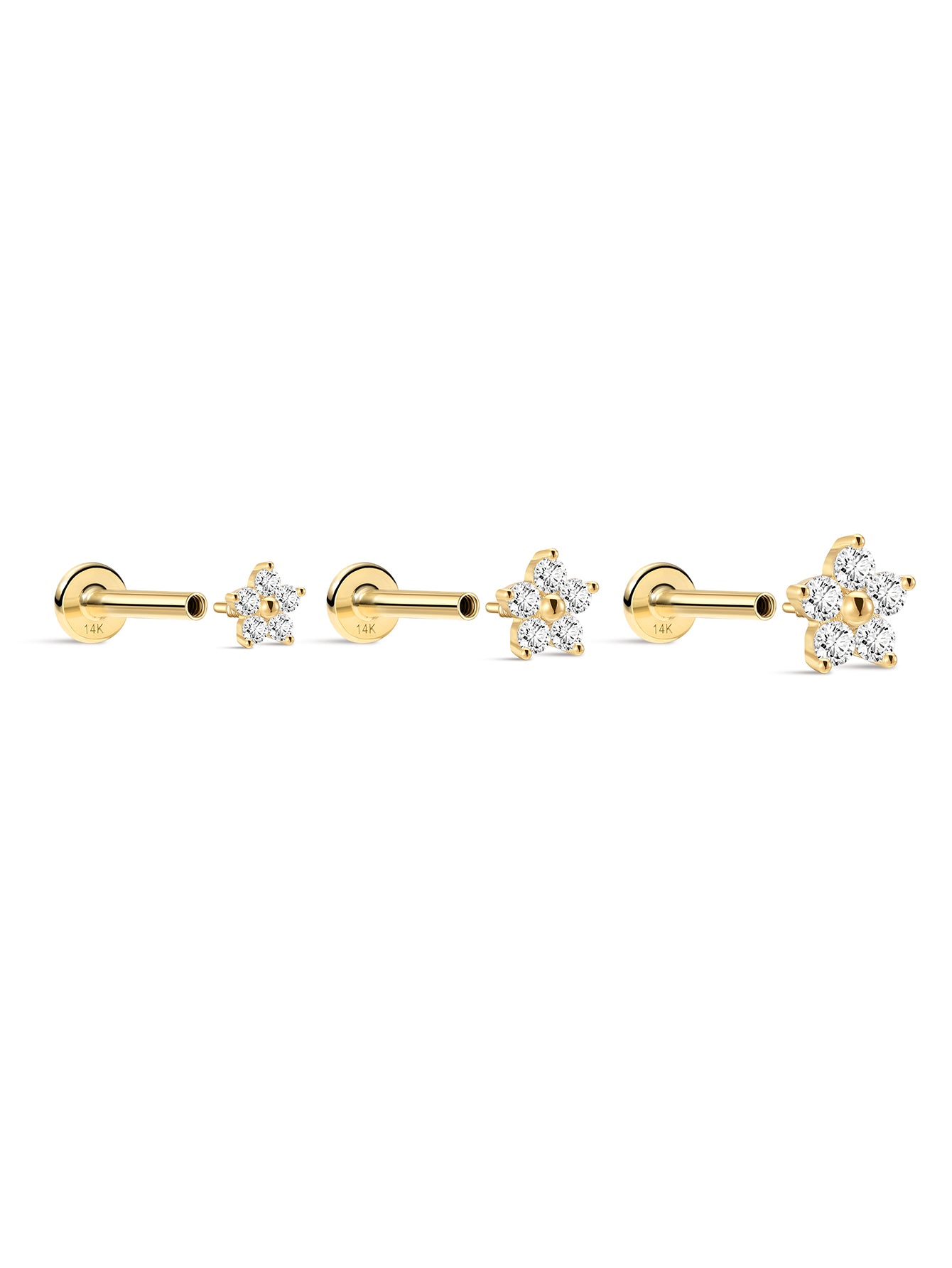 14K Solid Gold Flower Threaded Ear Piercing Stud