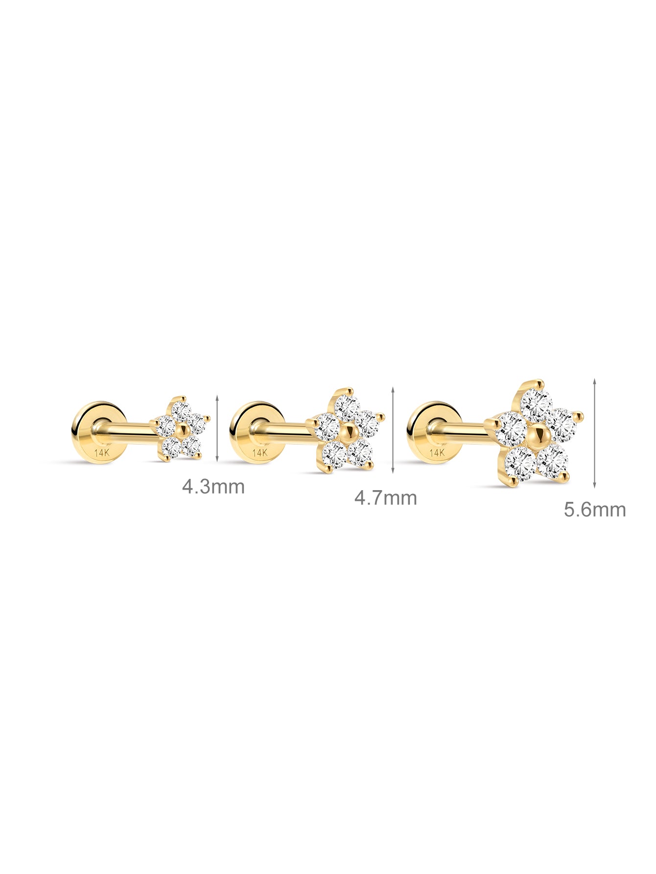 14K Solid Gold Flower Threaded Ear Piercing Stud