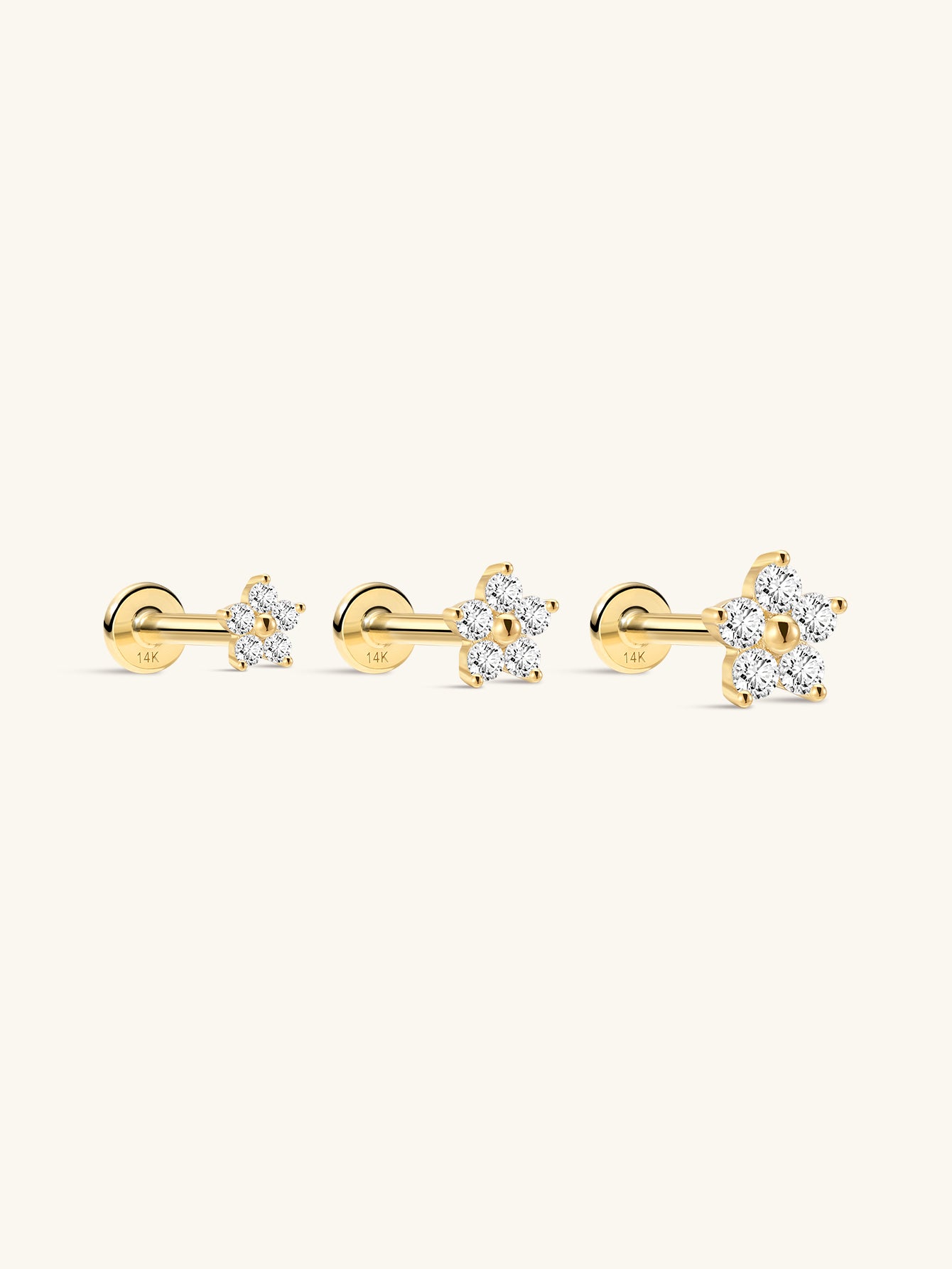 14K Solid Gold Flower Threaded Ear Piercing Stud