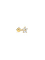 14K solid gold flower stud earring with 5 CZ stones and flat back post, product detail.