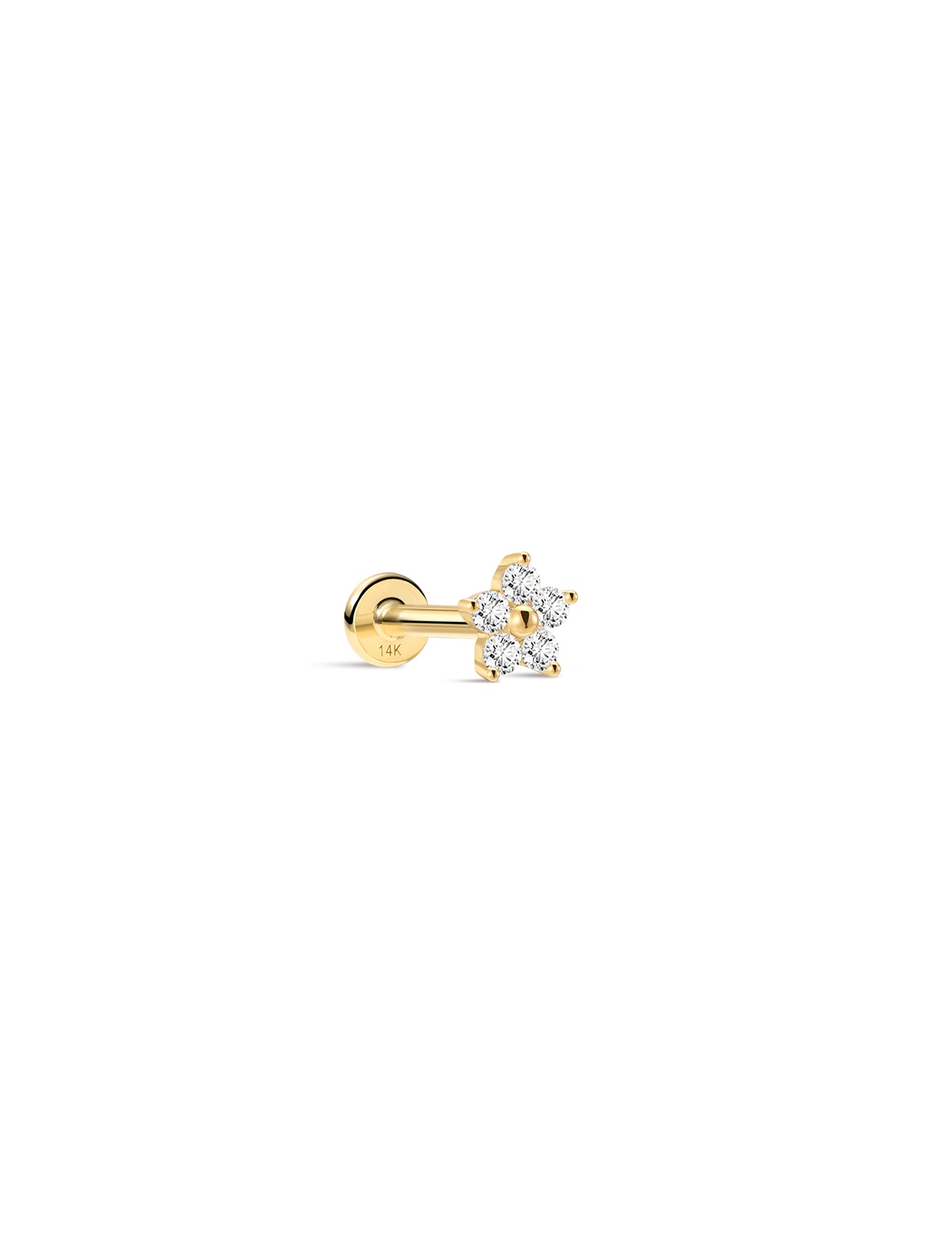 14K solid gold flower stud earring with 5 CZ stones and flat back post, product detail.