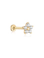 14K solid gold threaded flatback labret stud with 5 sparkling CZ stones forming a flower design.