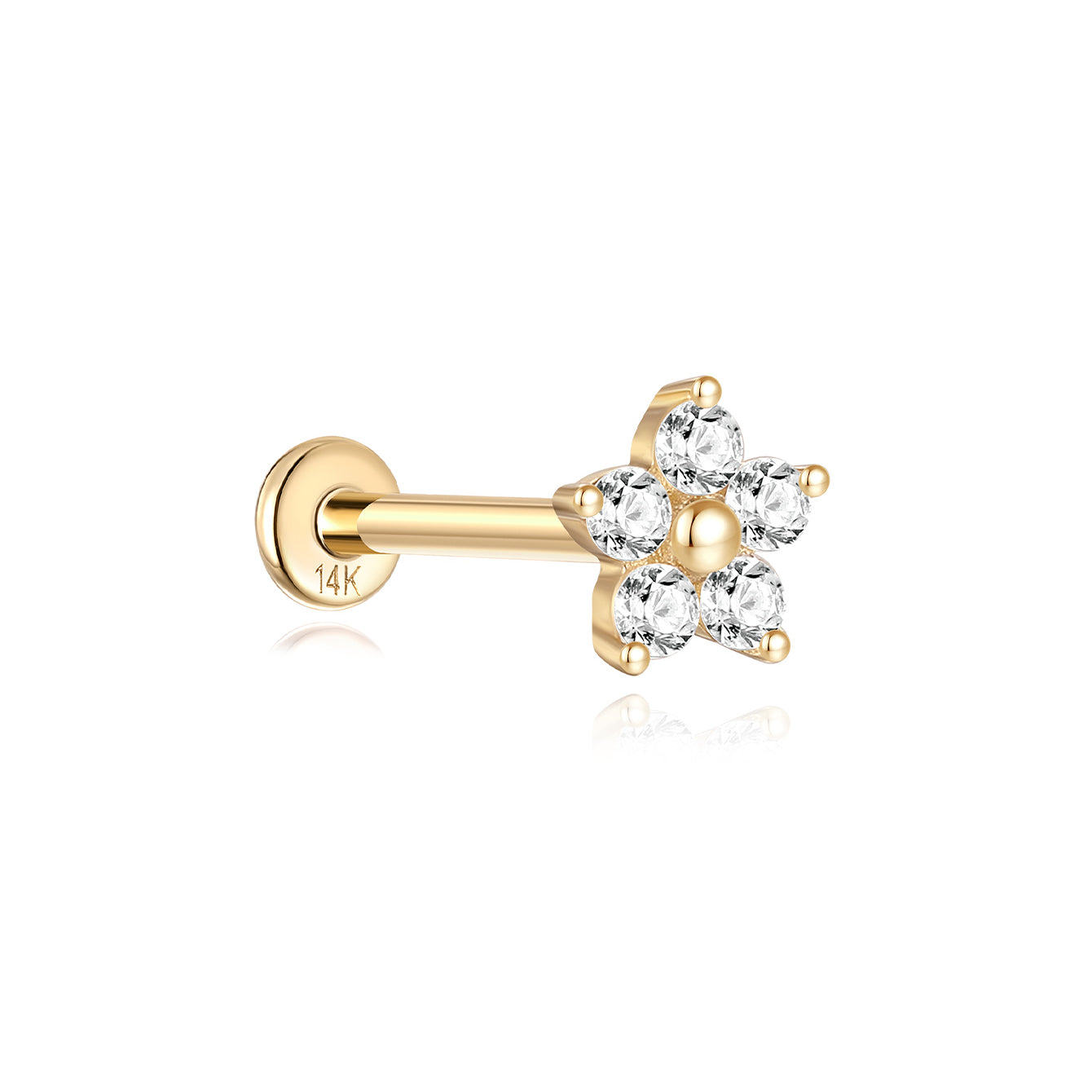 14K solid gold threaded flatback labret stud with 5 sparkling CZ stones forming a flower design.